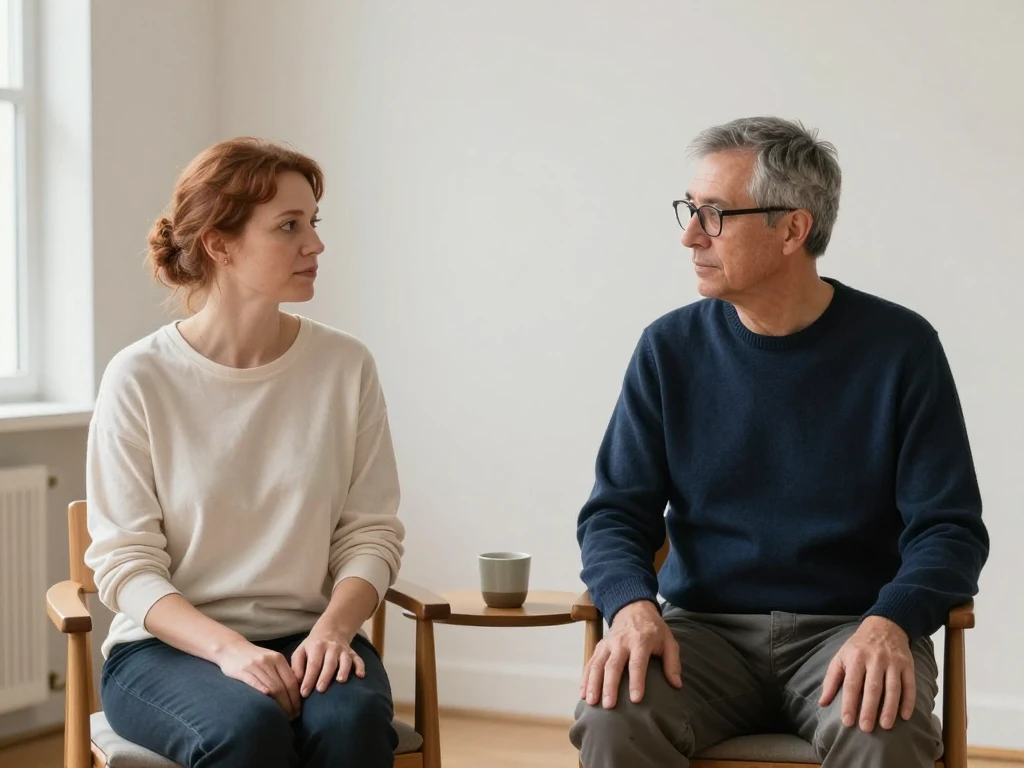 Two adults seated apart in a bright neutral room, talking calmly.