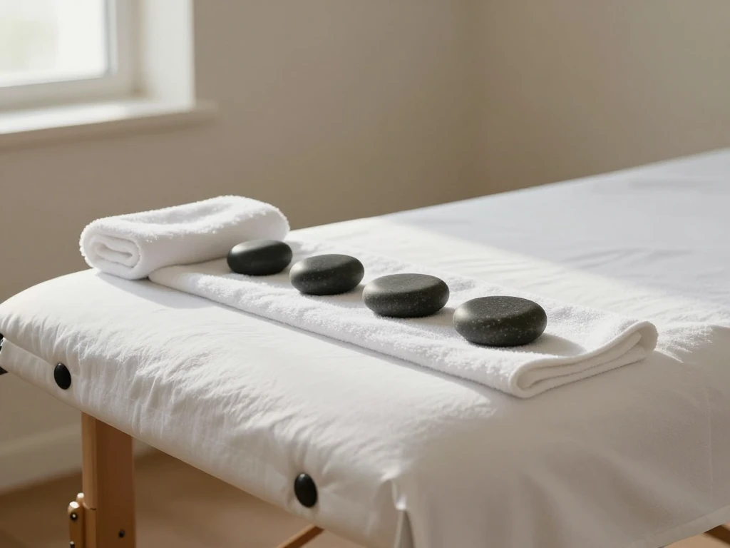 A calm treatment-room still life with folded white towels and smooth dark stones on a massage table.