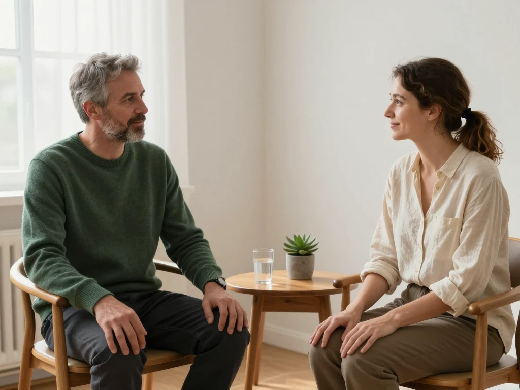 A man and a woman seated in chairs facing each other, talking in a bright consultation room.