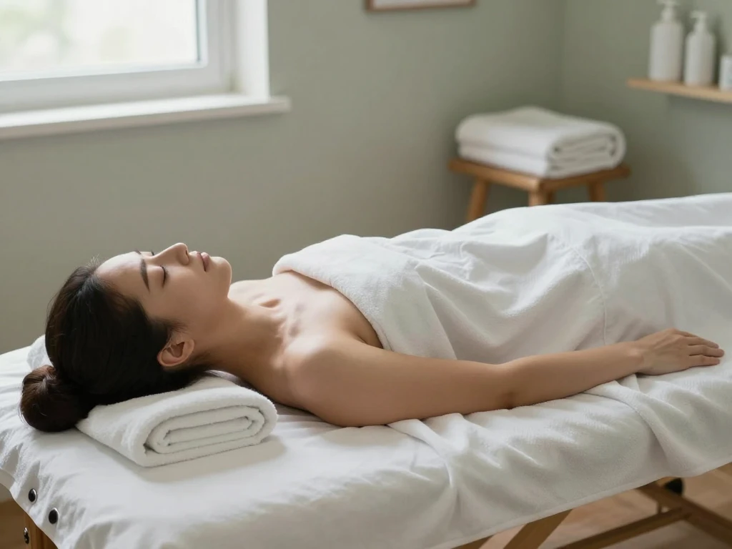 A woman lying on a massage table, wrapped in a white sheet, with her eyes closed in a calm treatment room.