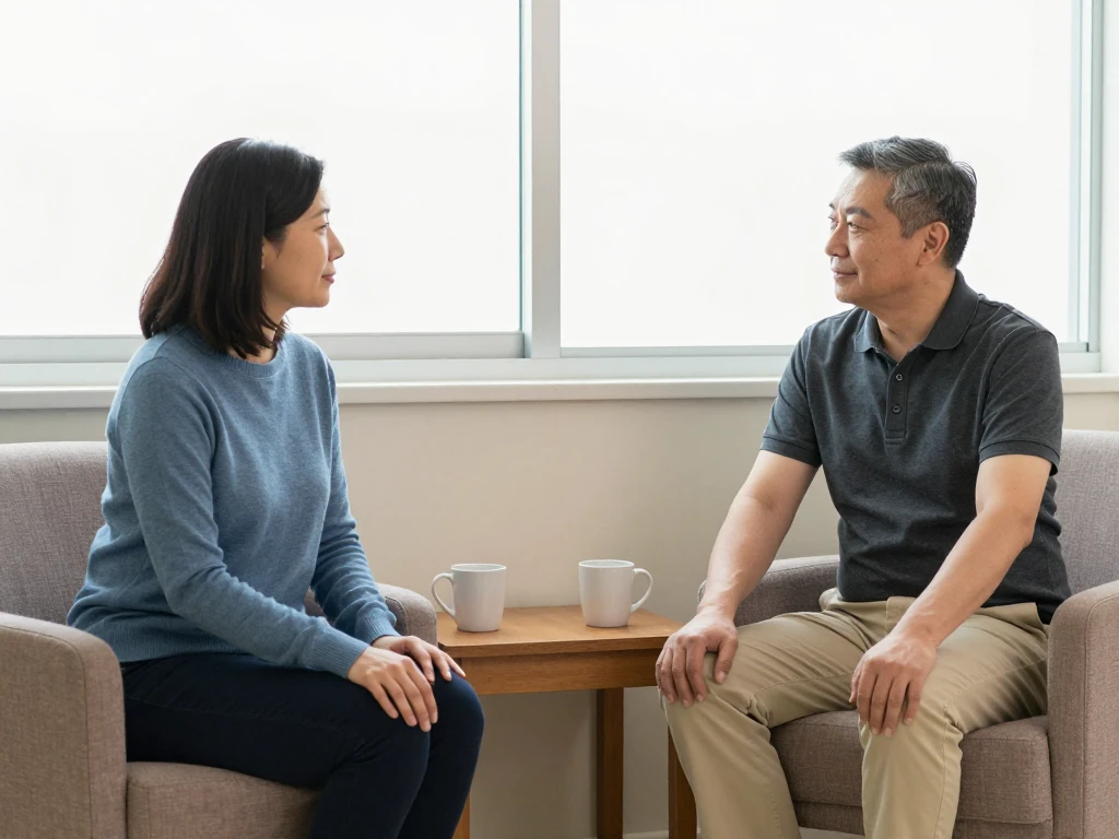 Two adults seated apart in armchairs, talking in a bright neutral room.
