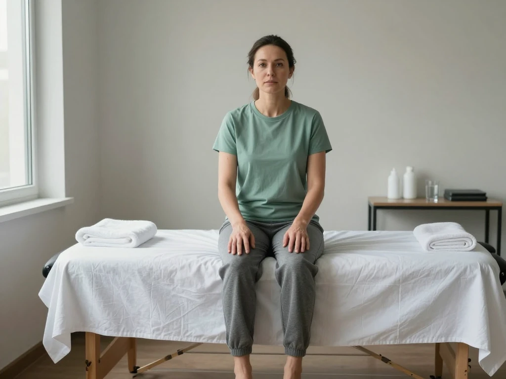 An adult seated alone on a treatment table in a bright, clean therapy room.