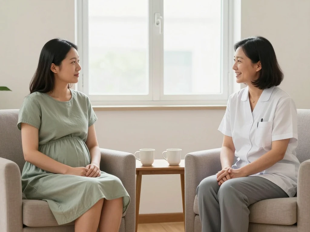 A pregnant woman and a female care provider seated apart in armchairs, talking calmly in a bright consultation room.