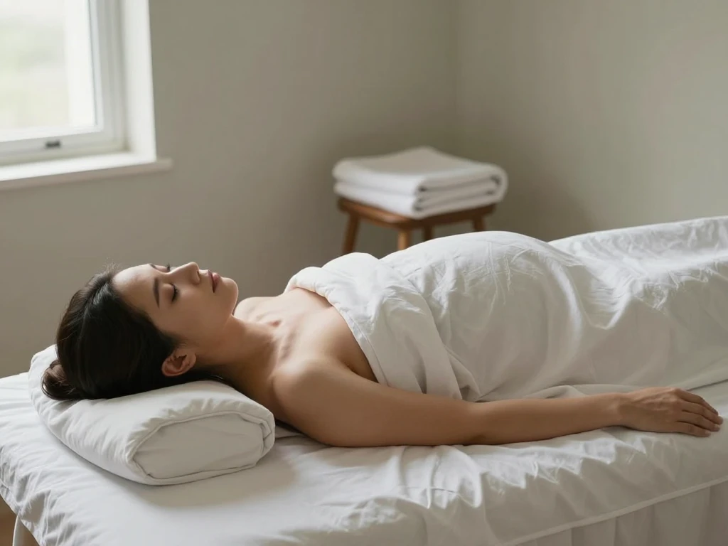 A pregnant woman lying on her side on a massage table, wrapped in white linens, resting peacefully in a bright treatment room.