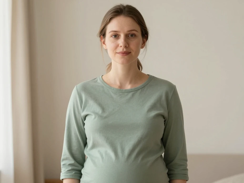 Chest-up portrait of a relaxed pregnant woman in a plain green shirt, hands out of frame, in soft daylight.