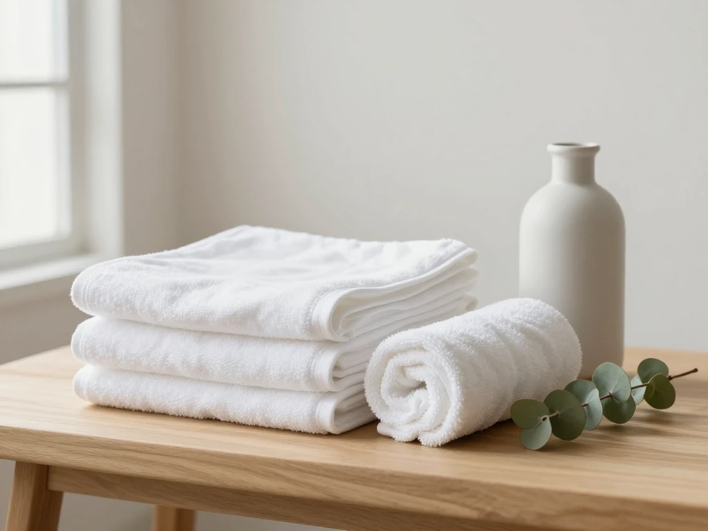A calm still life of plain white linens and a matte ceramic bottle on a wooden bench in soft daylight.