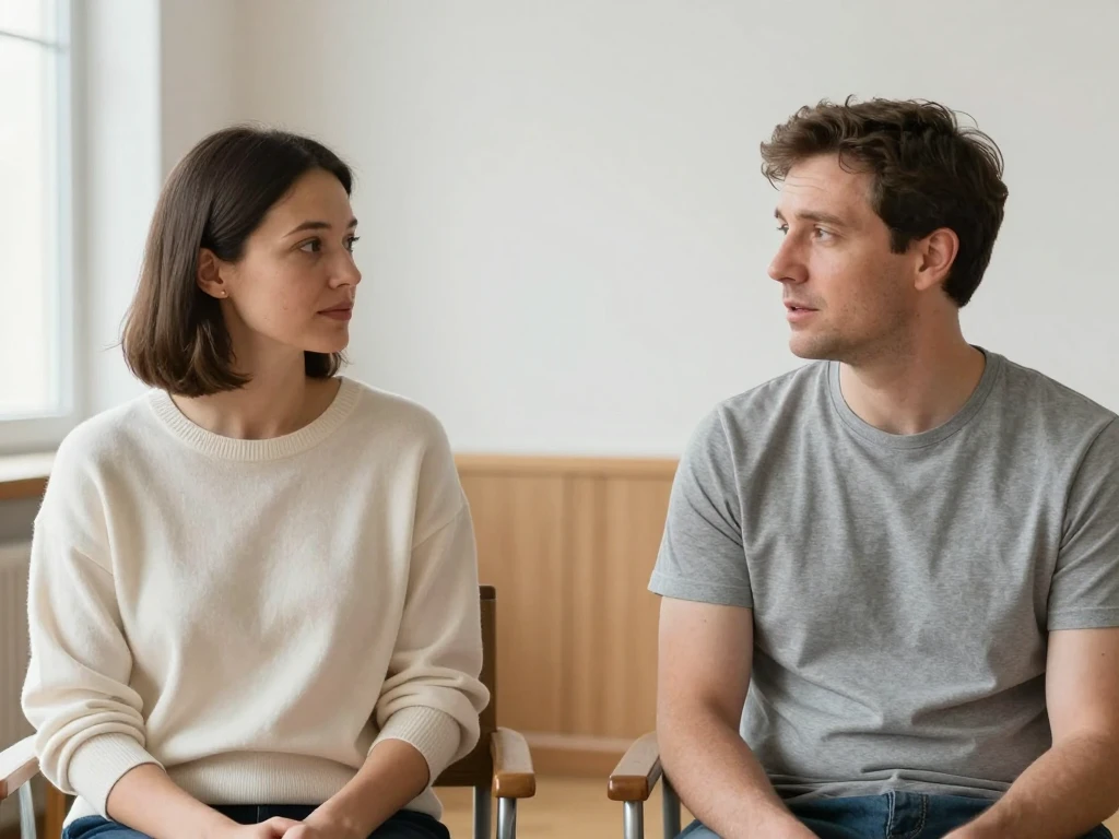 Two adults seated apart in chairs facing each other in conversation in a bright, plain room.