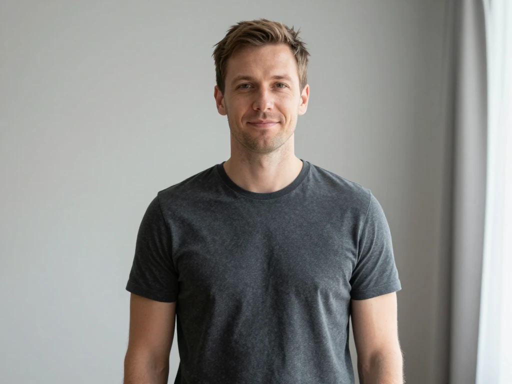 A chest-up portrait of a calm man in a plain charcoal top standing in a softly lit room.