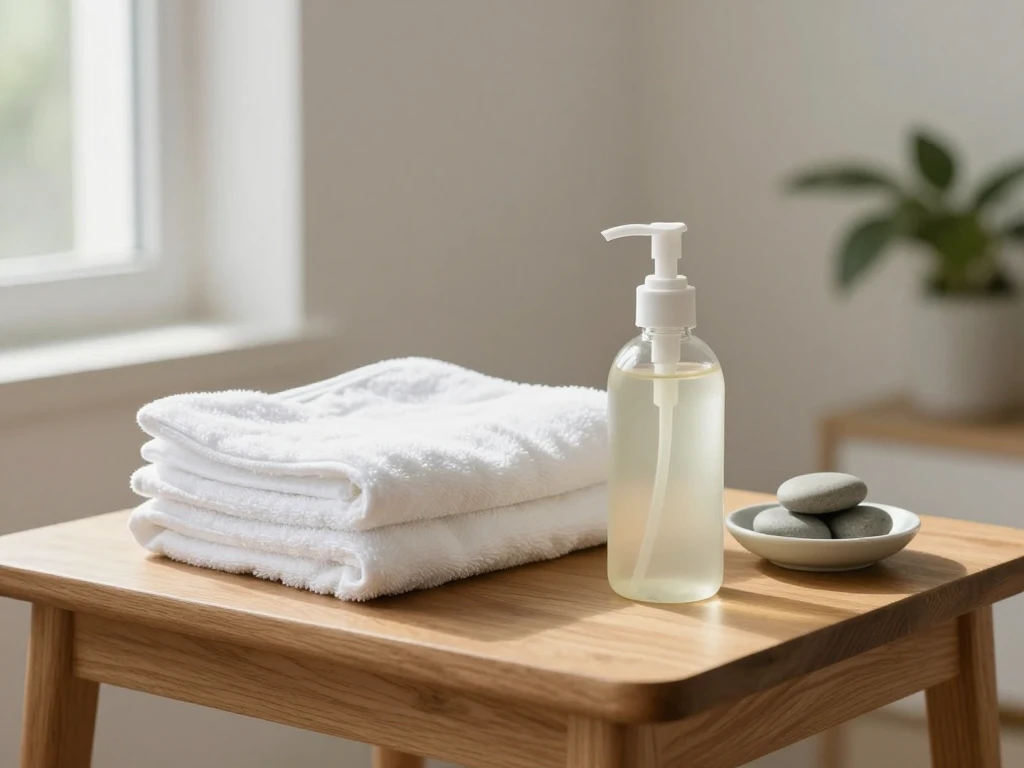 A folded stack of white towels and a blank pump bottle on a wooden table in a treatment room.