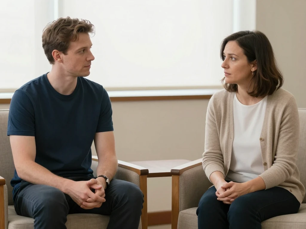 Two adults sit in armchairs facing each other in a bright consultation room.