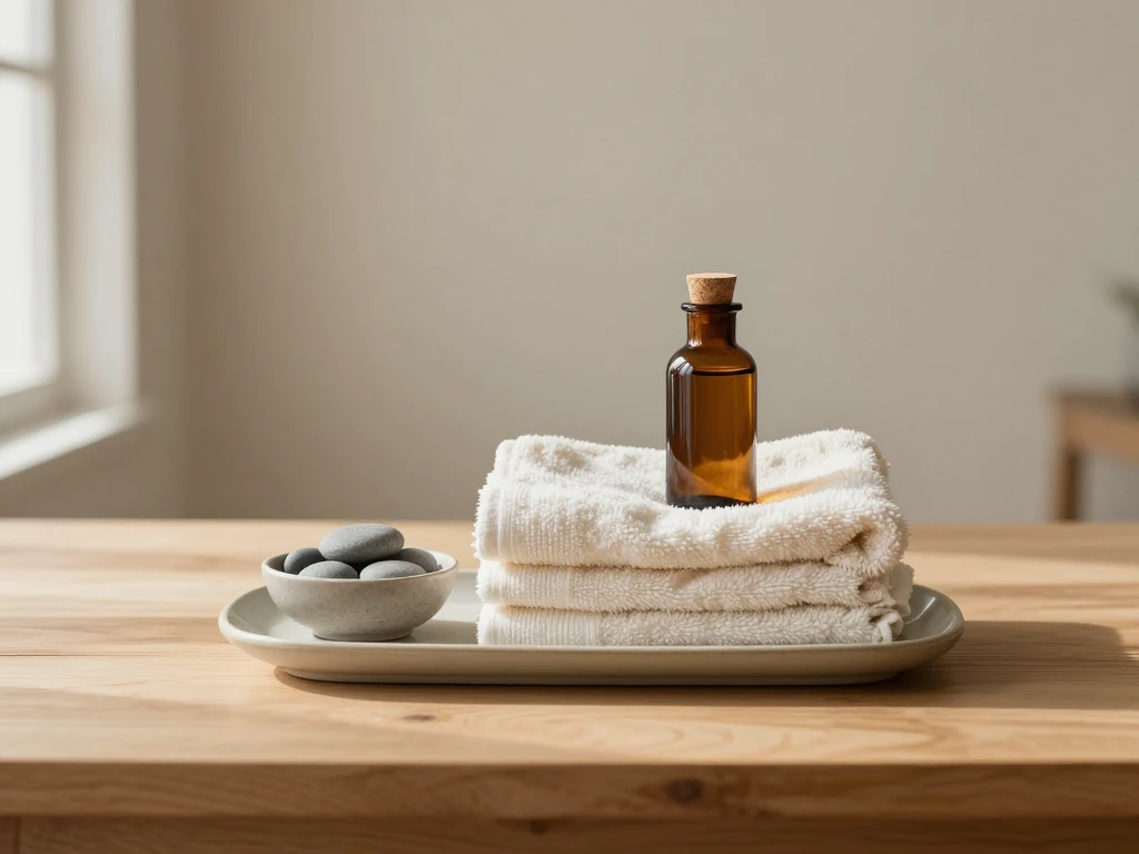 Folded undyed towels, smooth grey stones, and an unlabeled amber bottle on a wooden tray in soft daylight.