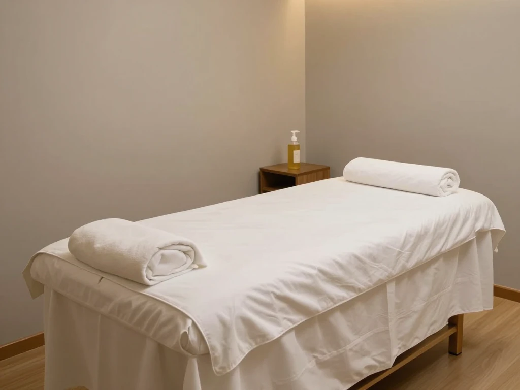 Unoccupied massage table dressed in plain white linens beside a small side table with an unlabeled oil bottle.