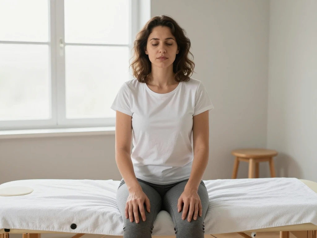 An adult sits calmly on a massage table in a bright, neutral treatment room.