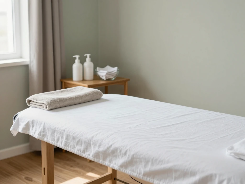 A tidy massage treatment room with a draped table, folded towels and plain containers.