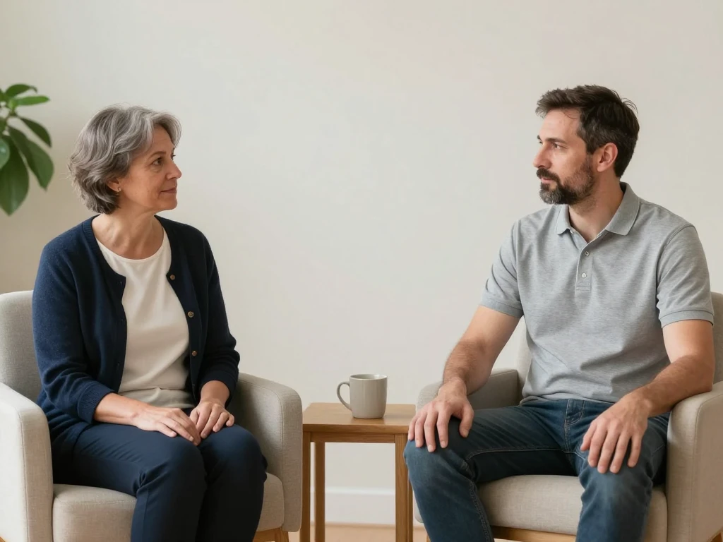 Two adults sit apart in conversation in a quiet, neutral clinic lounge.