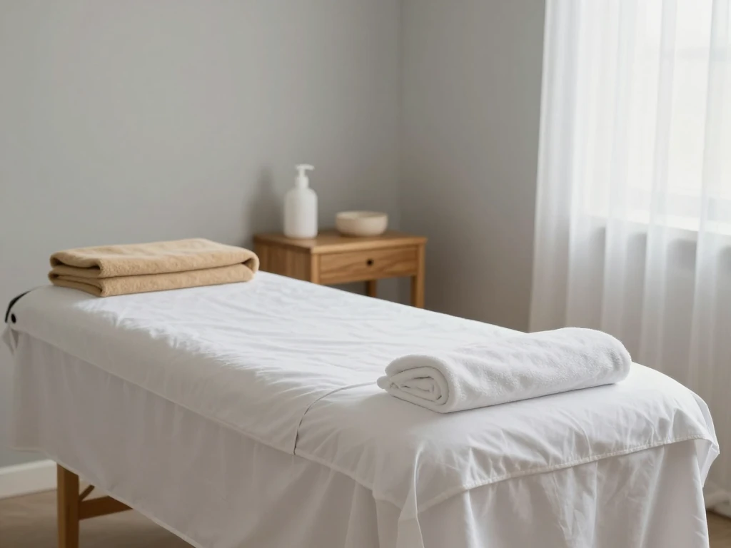 A tidy massage table with plain white linens and a folded blanket in a bright, quiet treatment room.