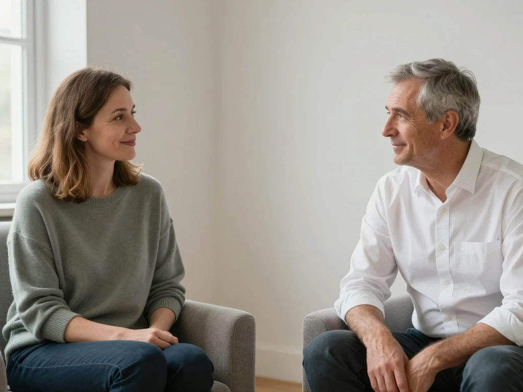 Two adults seated apart in armchairs, talking in a bright neutral room.